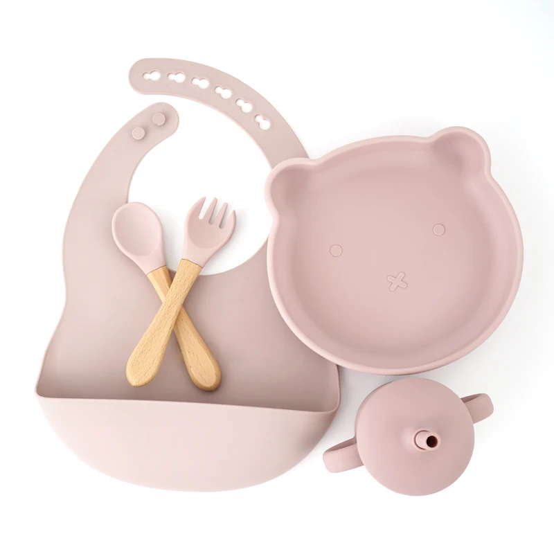 

New Baby Born Products Easy to rinse Edible 100% Food Silicone Collapsible Baby Feeding Set Bear Bowl with Bib, Colorful