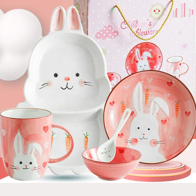 

Rabbit Cup Mug Bowl Plate Dish Spoon Ceramic Tableware Set Cute Pink, Pink/white