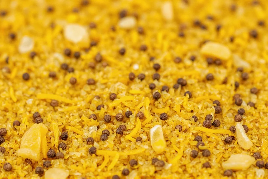 Close-up of hot lemon pepper seasoning showing golden yellow color with visible black pepper grains and citrus zest pieces