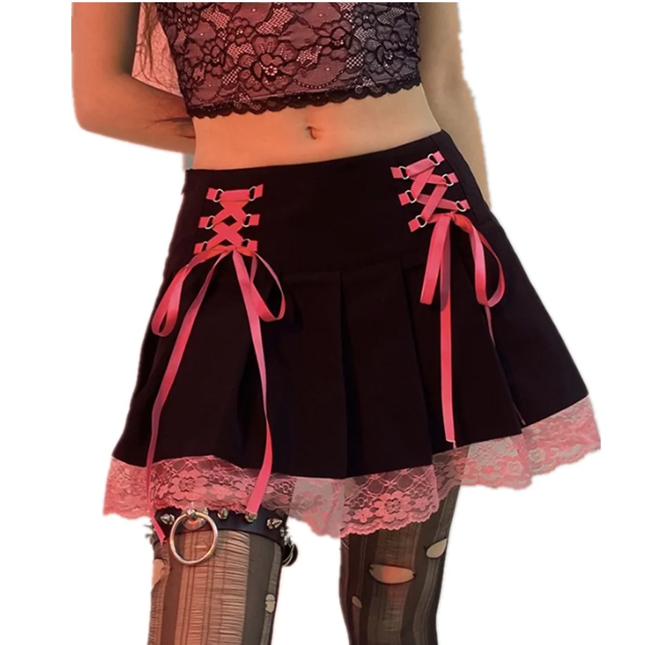 

Lace Up Goth Y2K Pleated Skirt Woman Punk Style Dark Academia Aesthetic Vintage 90s Streetwear Black Dance Mini Skirts, Picture color