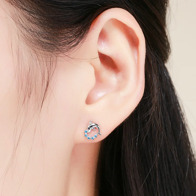 

Animal Dolphin Love Women 925 Sterling Silver Cute Tiny Earrings Custom Design