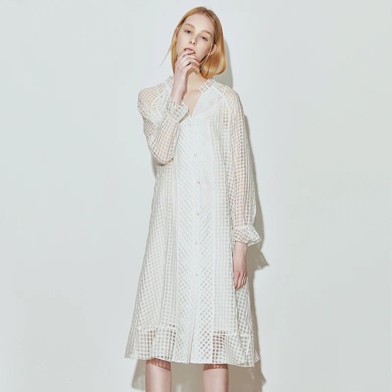 Fashion women lace silk dress v neck long sleeve white silk sheer dress