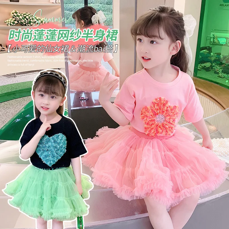 

New 2Pcs toddler girls clothing short sleeve flower/ heart embroidery t-shirt + layered tulle tutu skirt outfits for girls, Picture shows