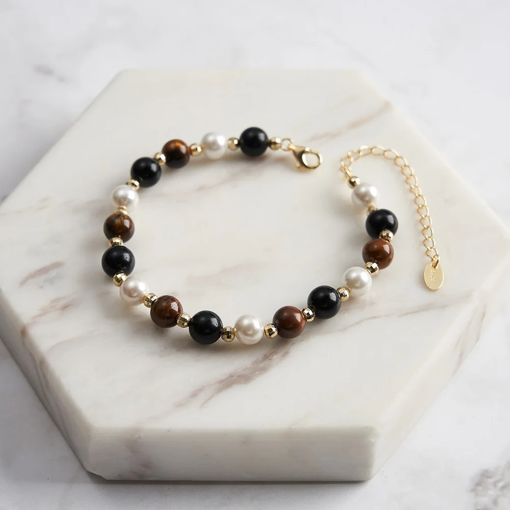 RINNTIN GMB62 Natural Tiger Eye Obsidian Stone Beads Bracelets 925 Sterling Silver 14K Gold Plated Pearl Bracelets Women Jewelry