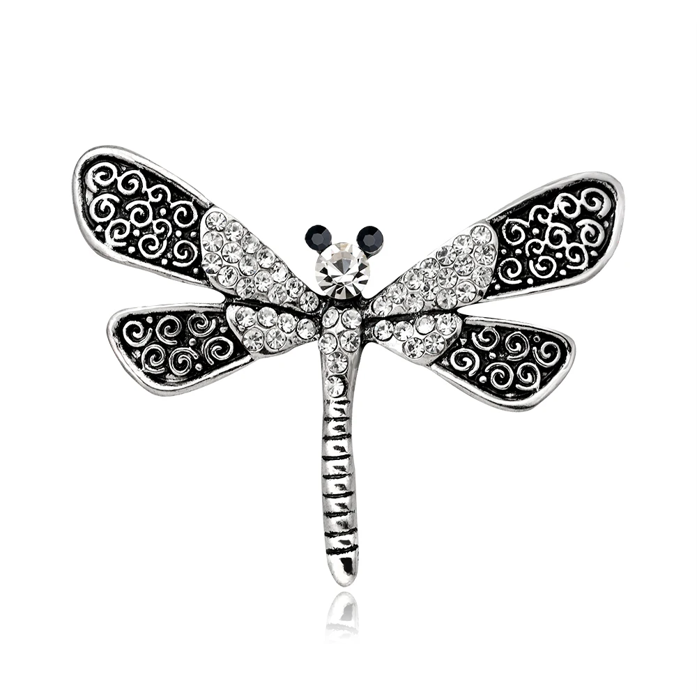 

Vintage Silver Dragonfly Brooch Rhinestone Intersperse Wing Brooches for Women Kids Gift Animal Pins Accessories