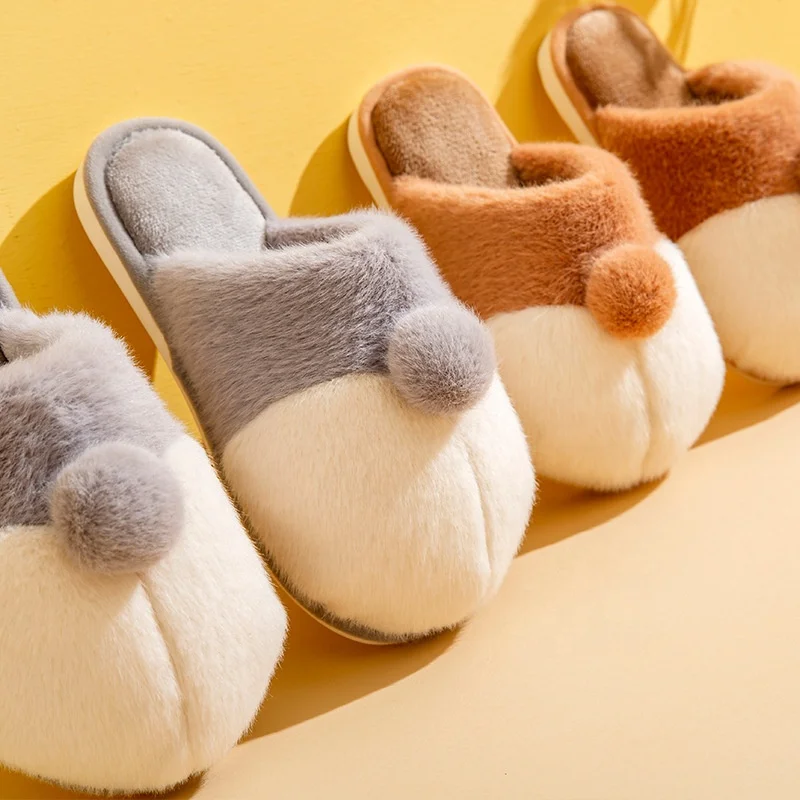 

Winter Furry Puppy Fluffy Cute Warm Corgi Shape Indoor Parent-child Couple Round Cotton Slippers for Women Chaussons en coton