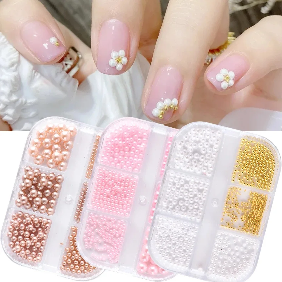 

6Grid/Box Nail Decorations Beige White Gold Pearl Mini Small Stainless Steel Beads Nail Art Accessories Supplies, Pictures showed