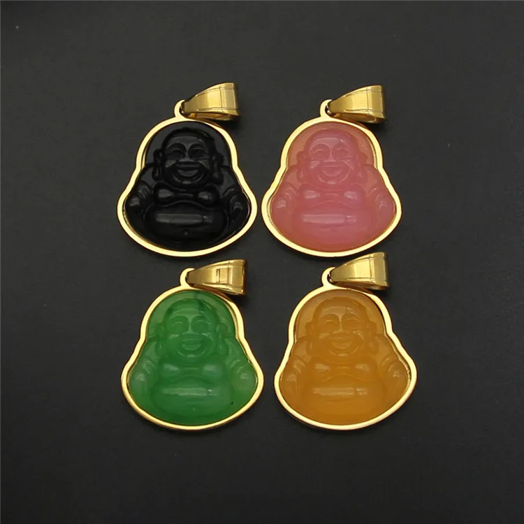 

New Laughing Buddha 316 Stainless Steel 18K Gold Inlaid Jade Resin Maitreya Buddha Chalcedony Fragment Necklace, Picture shows