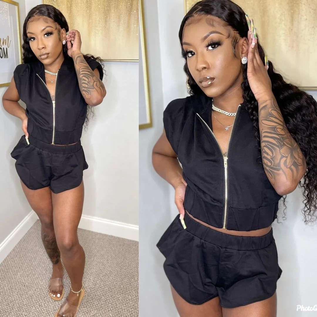 

Casual 2 Piece Short Pants Women Summer Set Clothing 2021 Hooded Zipper Solid Color Sleeveless Suit Shorts Sets