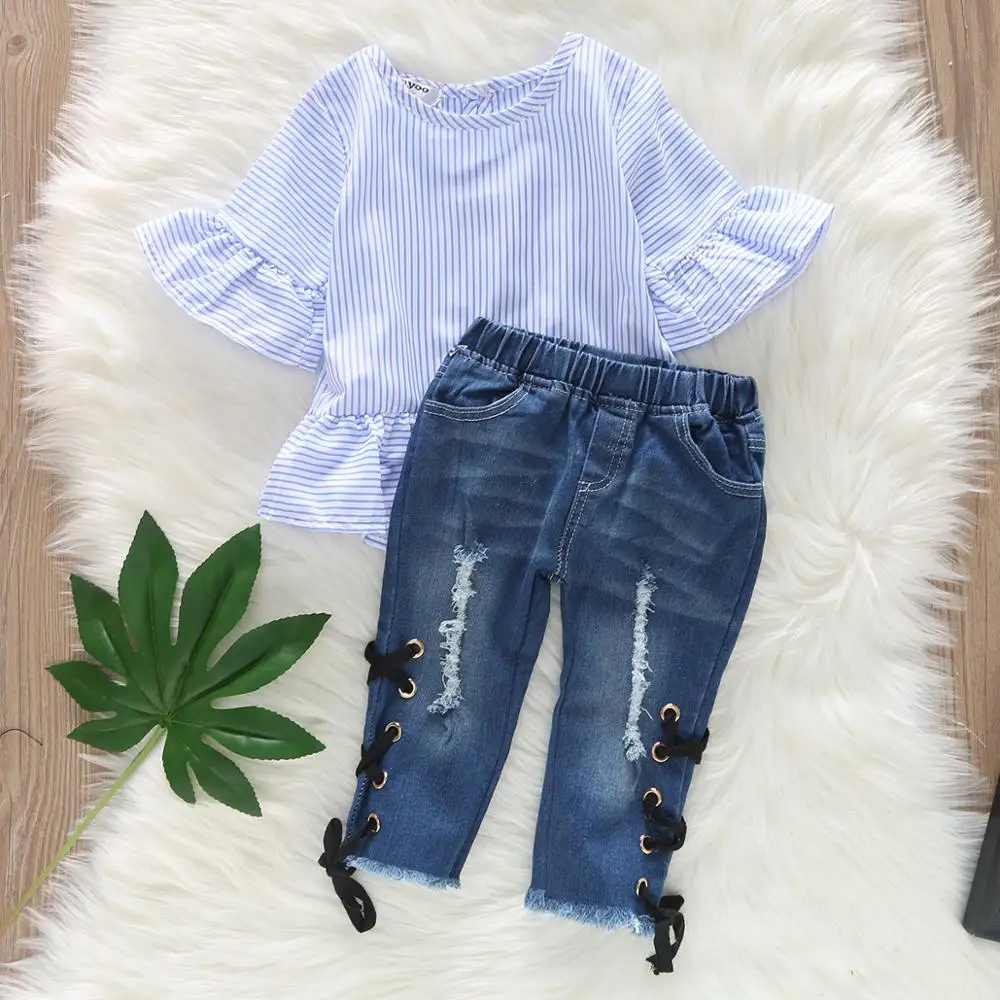 

Stock Summer Girl 2pcs Clothes Outfits Baby's Stripe Icing Ruffled Shirts Jacket Hollow Jeans Fall Clothes For Girls Dress, Picture show