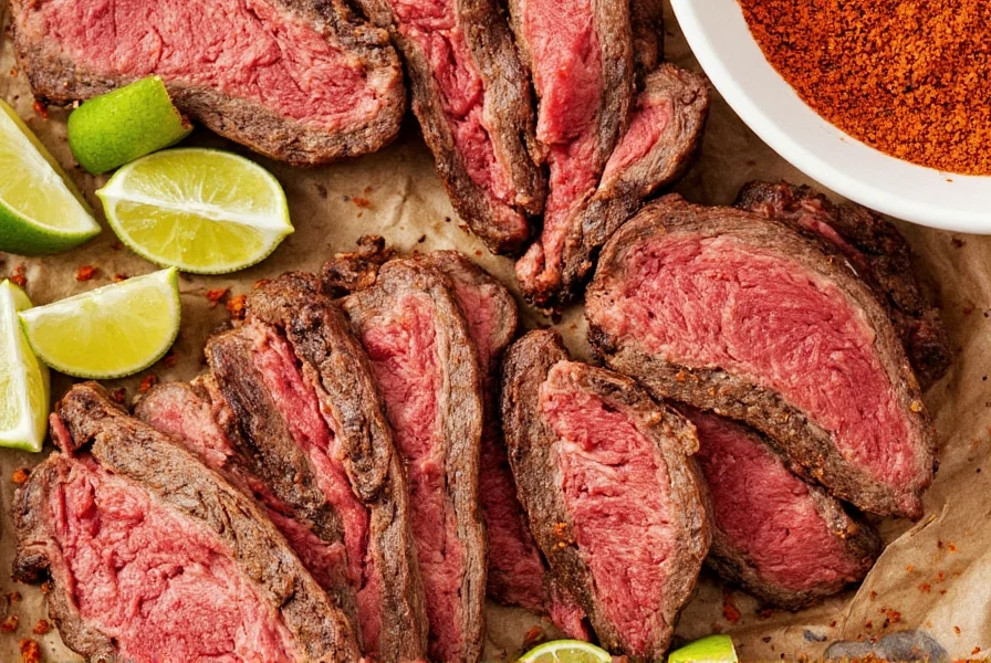 Sizzling fajitas on a cast iron skillet