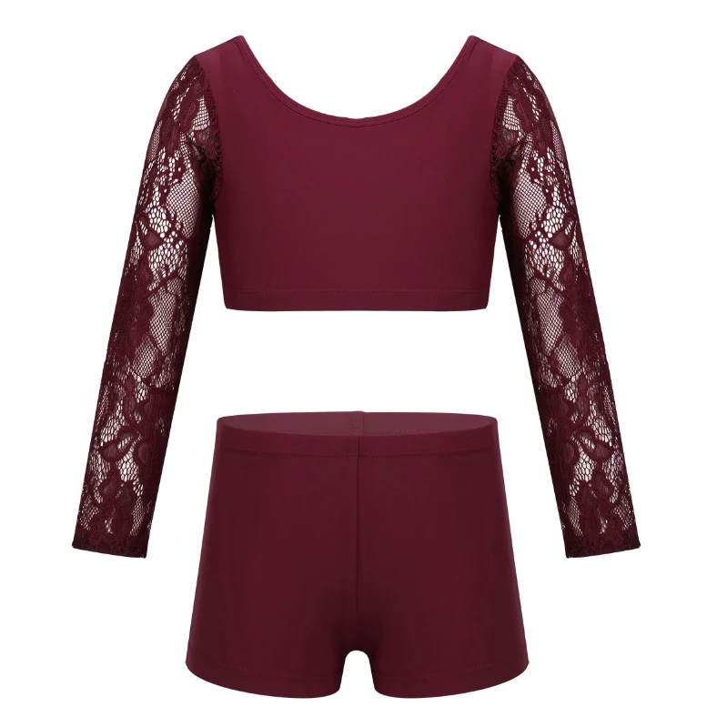 

Kids Girls Two-Piece Dancewear Outfit Lace Long Sleeves Crop Top And Shorts Dancing Stage Performance Costumes