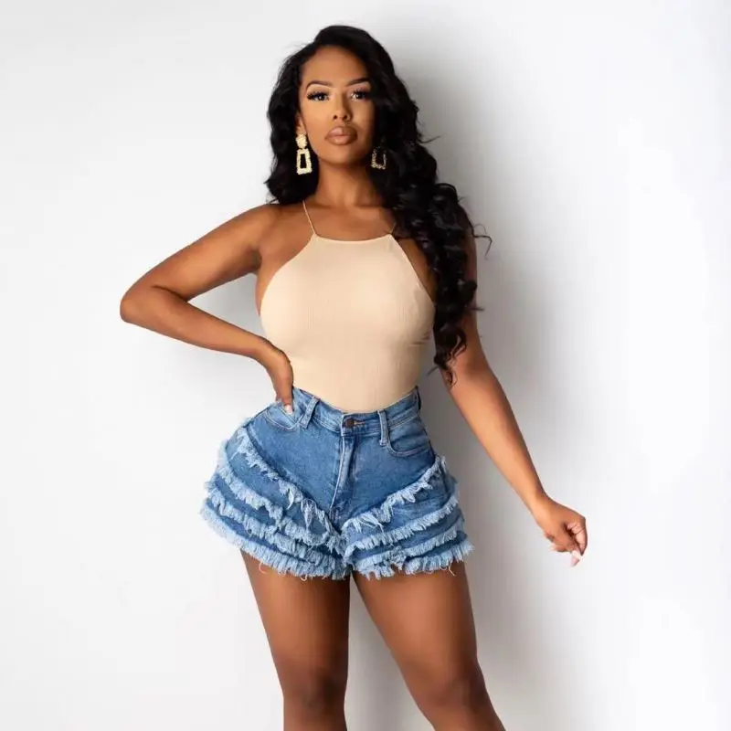 

2021 wholesale quality ruffled design women denim shorts fashion hot mini shorts high waist jeans summer women clothing, 2 color as picture