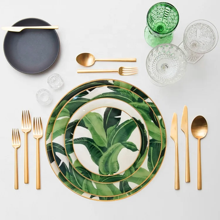 

Wholesale kitchen utensils bone china palm leaves plate ceramic dinnerware charger plates porcelain dinner set, As shown