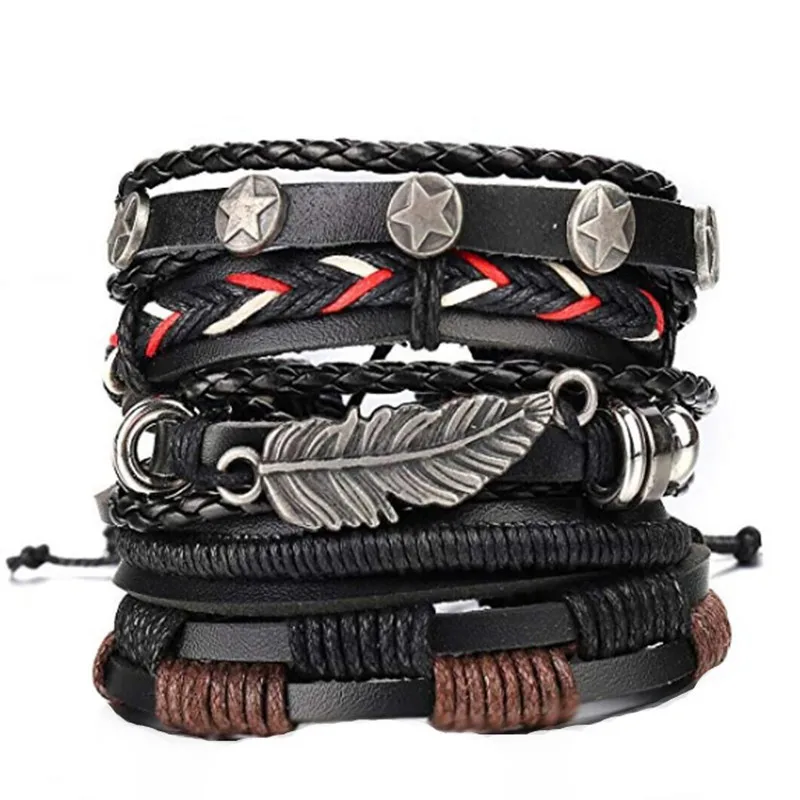 

5 Pcs Braided Leather Bracelets for Men Cuff Wrap Wristbands wholesale, As the picture