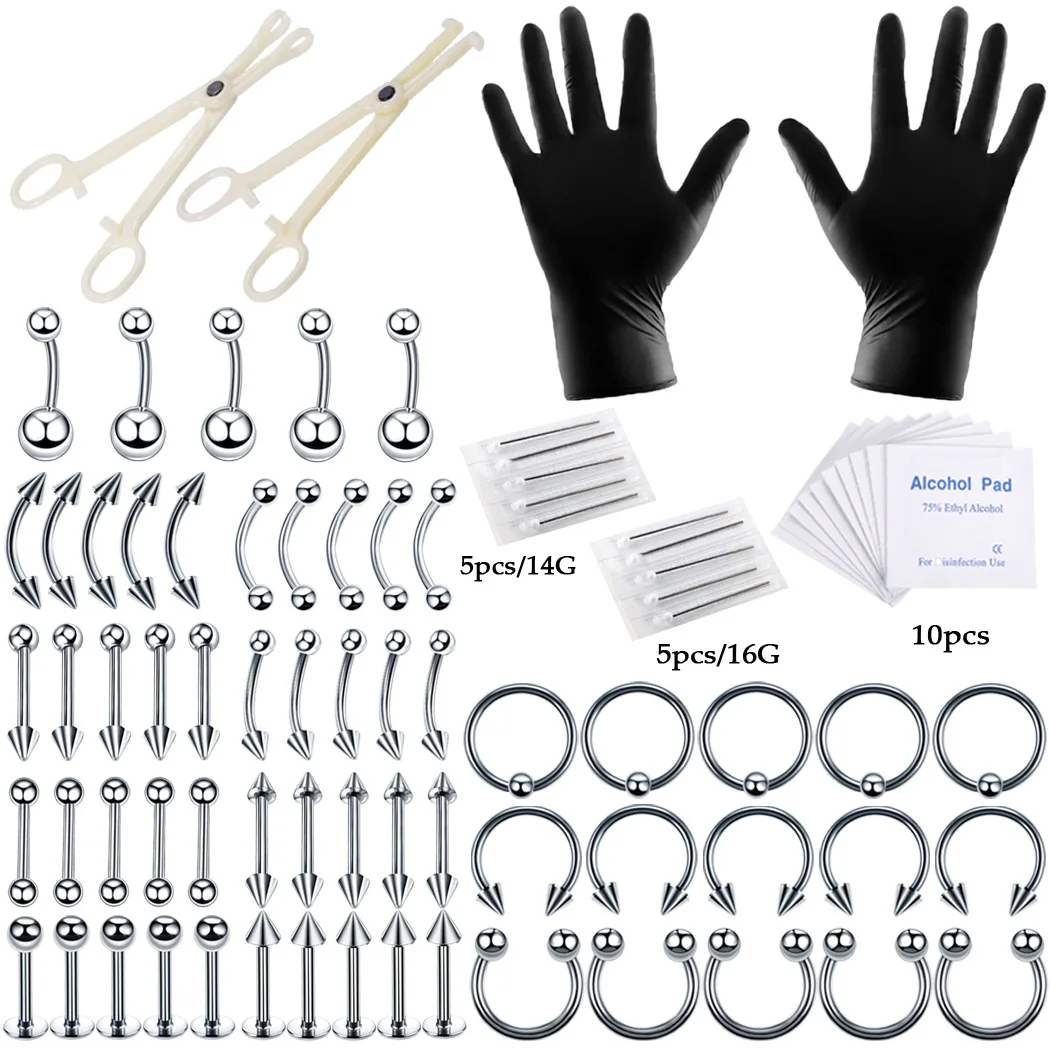 

NUORO 84pc/set 16G Professional Piercing Navel Tongue Lip Eyebrow Clamp Gloves Needles Tool Stainless Steel Piercing Kit
