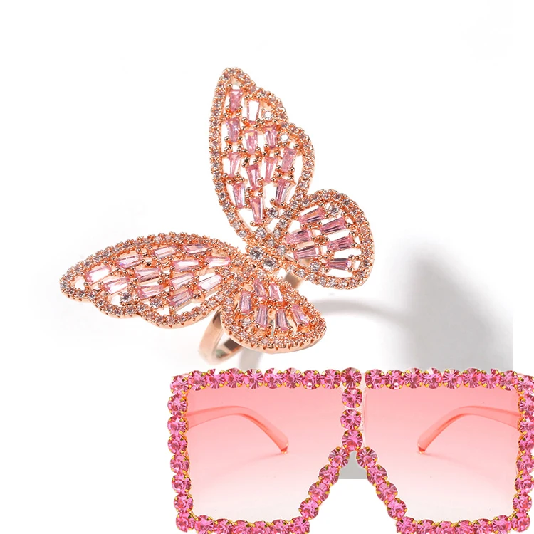 

2021 Trending New Gift Set Ice Jewelry Women Rings Matching Sunglasses Set