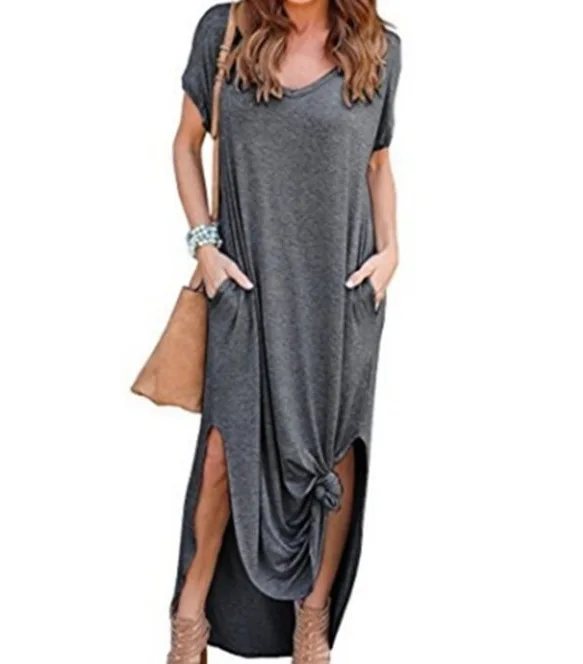 

Women's Casual Dress Loose Pocket Long Dress Short Sleeve Split Skirt