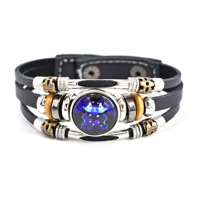 

Leather Alloy Knitting 12 Signs Zodiac Adjustable Three layers Bracelet ZU035, Black