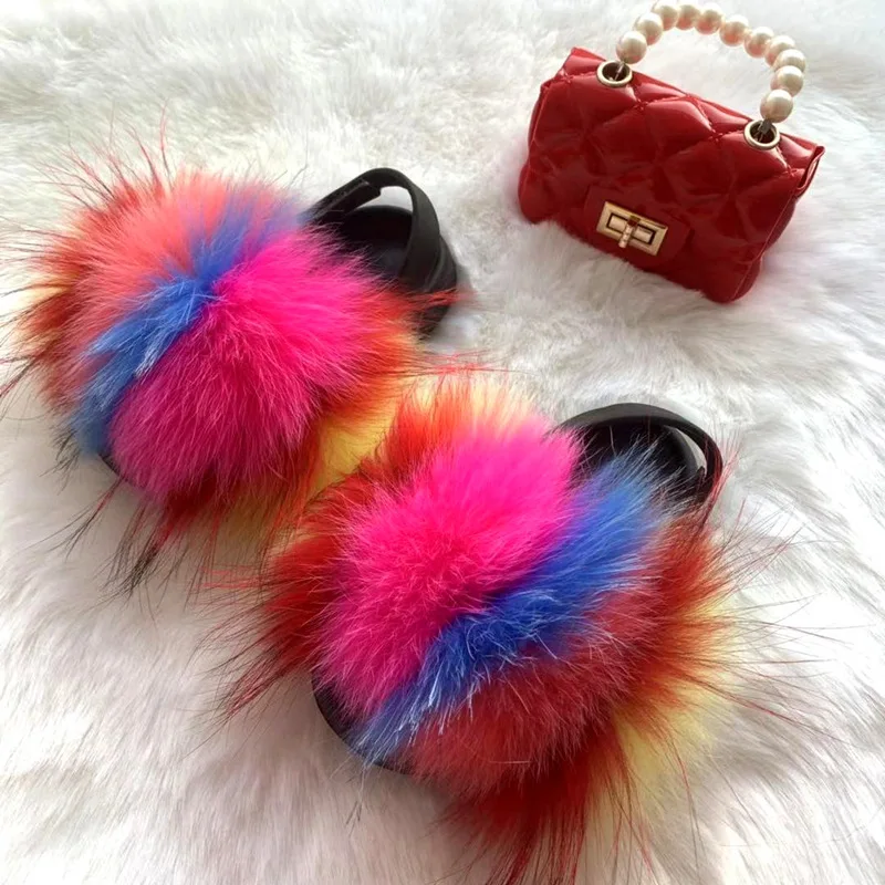 

Mix color summer fashion kids fur sandals furry soft soft strap sole mommy and me set kids fur slides with purse set, Customized color