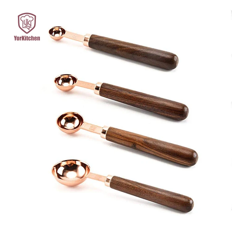 

Stainless Steel Measuring Spoons Set Walnut Handle Copper Plating Gold