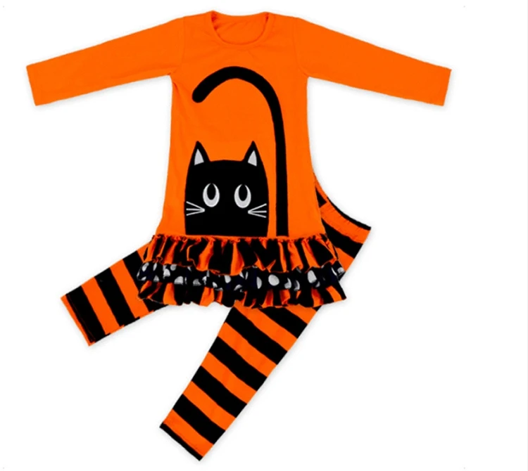 

M1099 Autumn Long Sleeve Cat Ruffled Outfits Halloween Kids Costumes, Orange