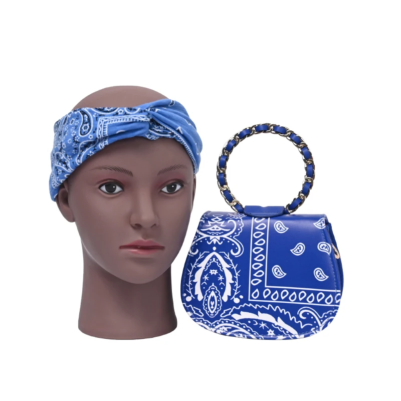 

Fashion Bandana Print Purses and Hairscarf Ladies Chain Shoulder Tote Bags Custom Pu Leather Handbags Set for Women, 8 colors