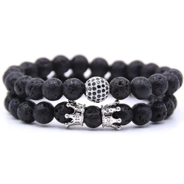 

2pc/set beads Natural lava stone Bracelets for women Micro Pave CZ Ball Charms Bracelet jewelry