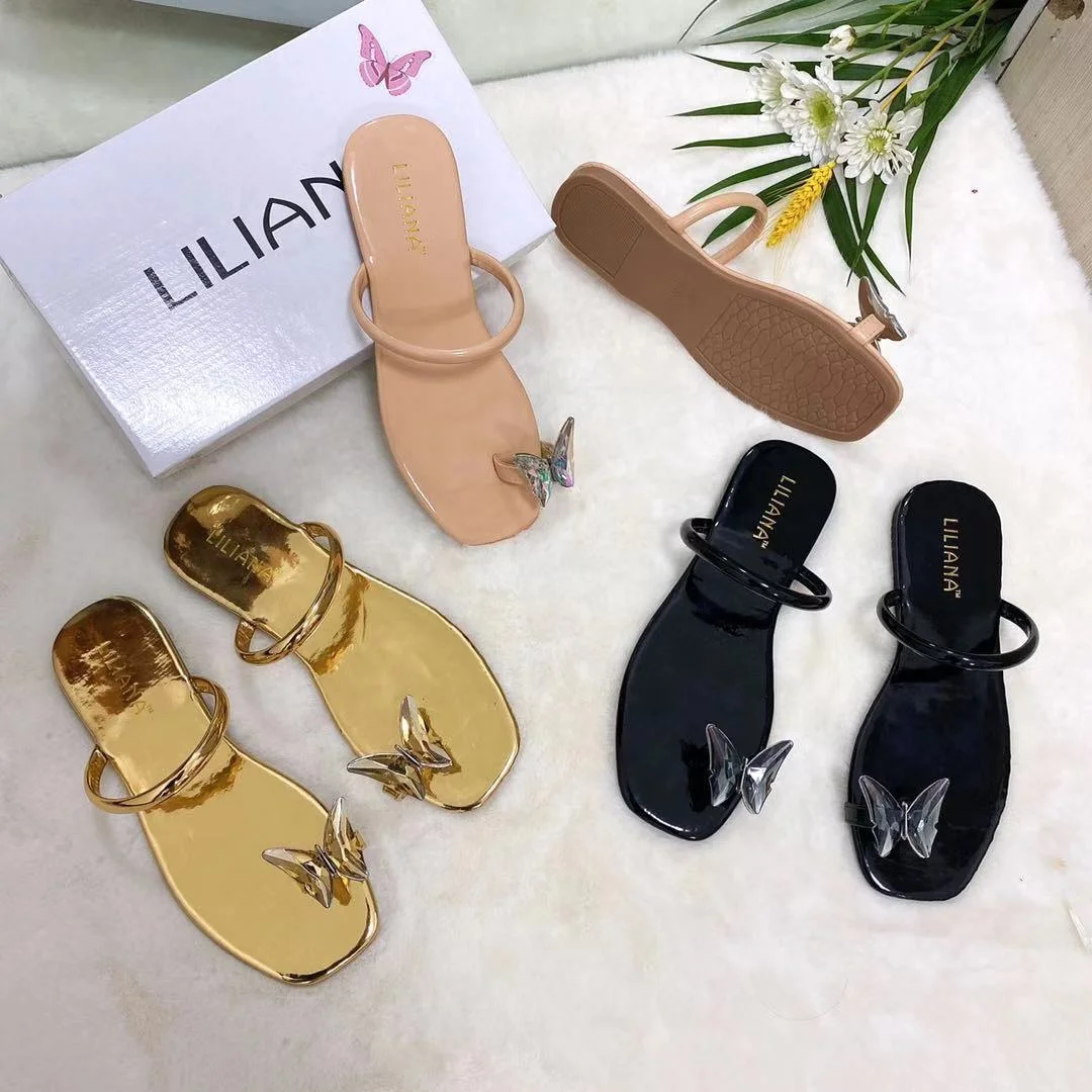 

Foreign trade new style slippers European and American fashion butterfly outer wear casual flip flops women's slippers, Black nude gold