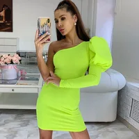 

Wholesale dropshipping clothing one shoulder lantern sleeve neon bodycon mini dress