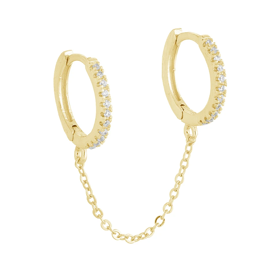 

Wholesale Brass Jewelry 14k Gold Plated Double Chain Huggies Hoop Earrings With Clear CZ