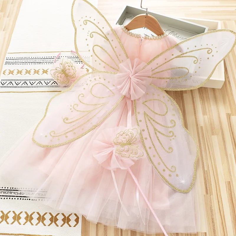 

Wholesale summer cute sweet multiple layers princess party girl fairy dress with butterfly wings, Pink/blue