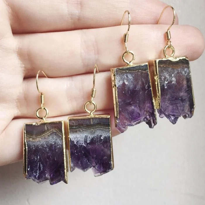 

LS-A928 new arrival! natural raw sliced amethyst earring with gold plated fishhook earring fashion women drop earrings, Purple