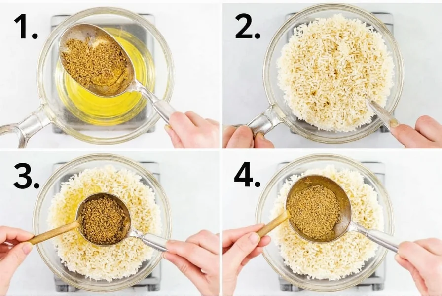 Step-by-step visual guide showing proper cumin seed toasting technique in oil with basmati rice