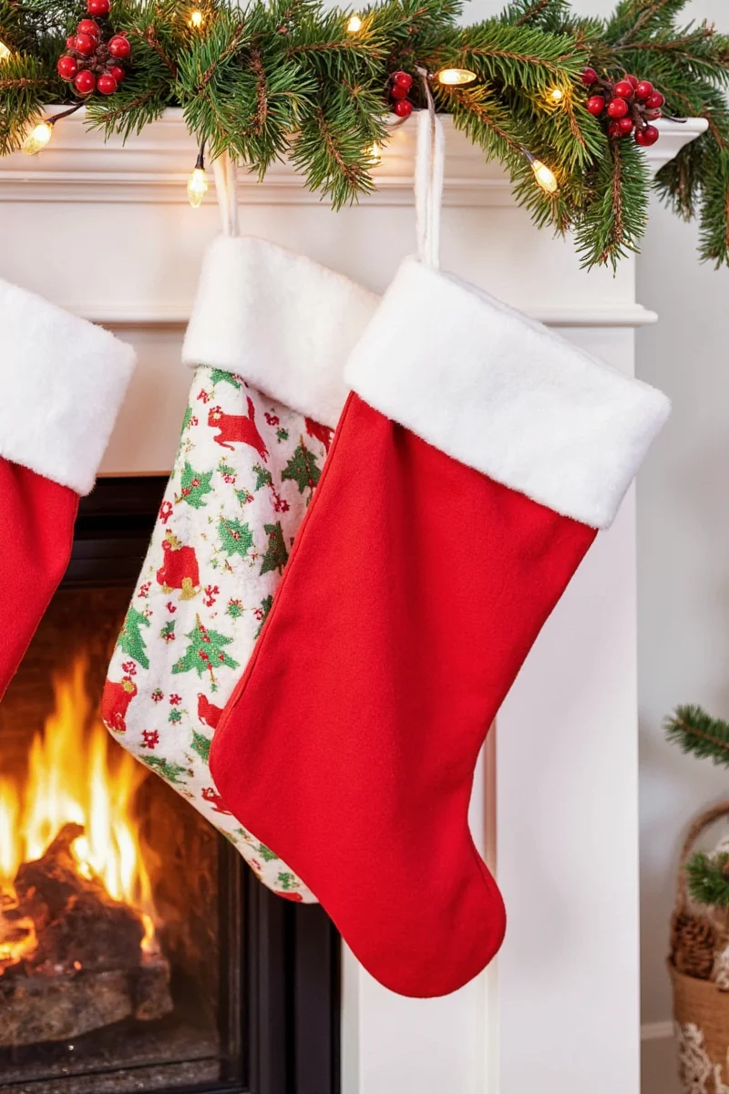 Floating shelf with Christmas stockings displayed