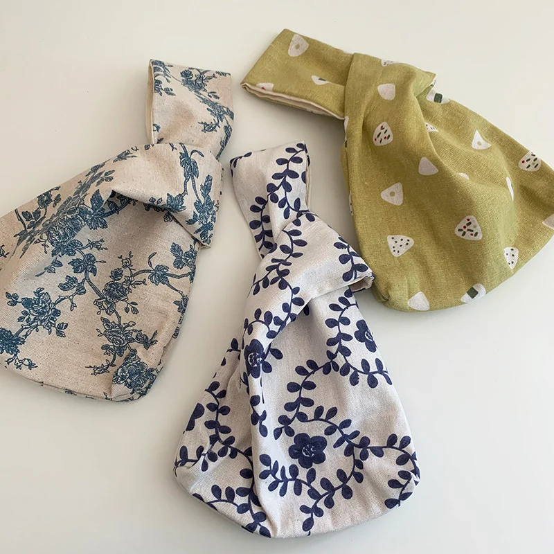 

Eco-friendly linen cotton Japanese korean style portable wrist knot bag, Colorful