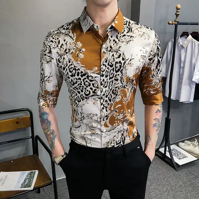 

Summer short sleeve stylish printed black business formal shirts for men