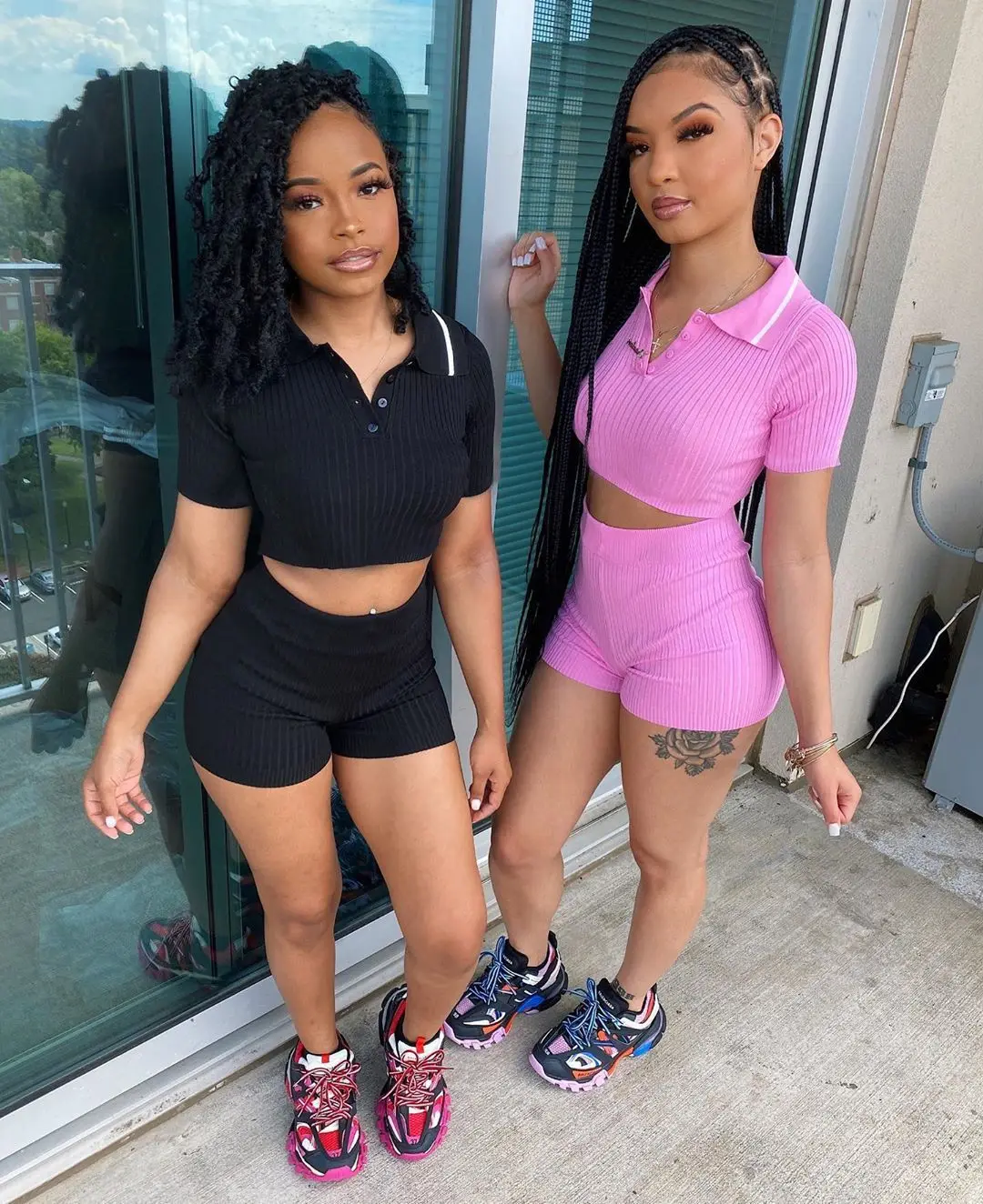 

Dvacaman Summer 2021 Trendy Casual 4 Color Women Plus Size Crop Top Polo Collar short pants two piece Knit Biker Shorts Set, Picture color