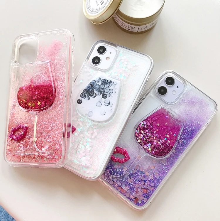 

Free Shipping 3D Liquid Quicksand Bling Wine Glass Cell Phone Cases for iPhone 12 13 Pro Max X XR 7 8 Plus Mobile phone Cover