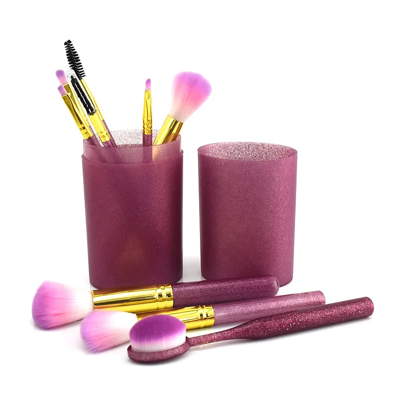 

9 sets of round bucket make-up set brush with purple powder and long handle