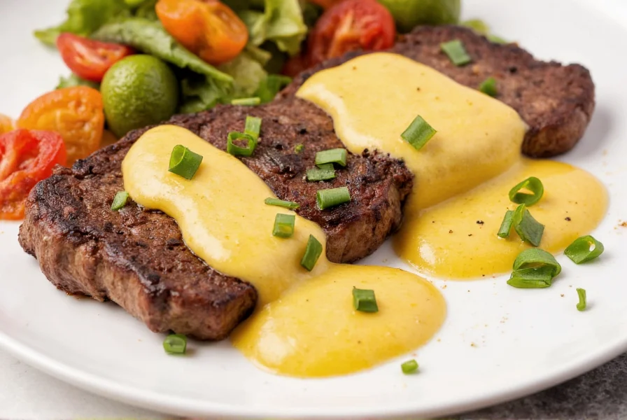 Creamy pepper sauce served with steak and roasted vegetables on white plate