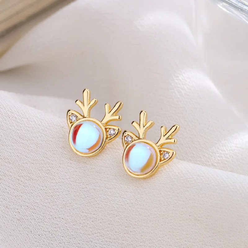 Moonstone Zircon Elk Antlers Stud Earrings For Women Trend Creative Party Gift Jewelry Accessories