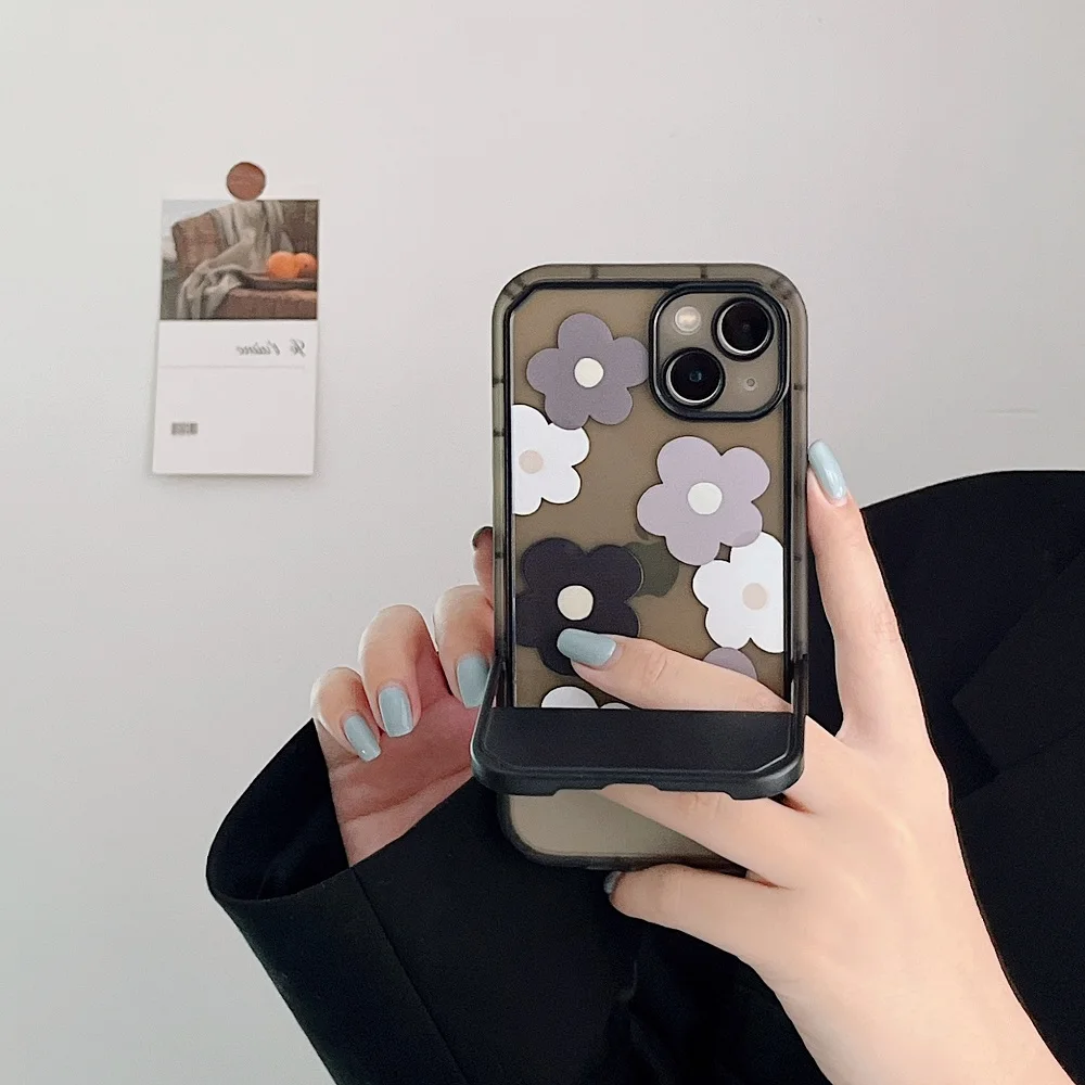 

Creative Elegant Black Flower Women Case For iPhone 13 12 11 Pro Max TPU Phone Case With Invisible Desk Holder For iPhone Xs Max