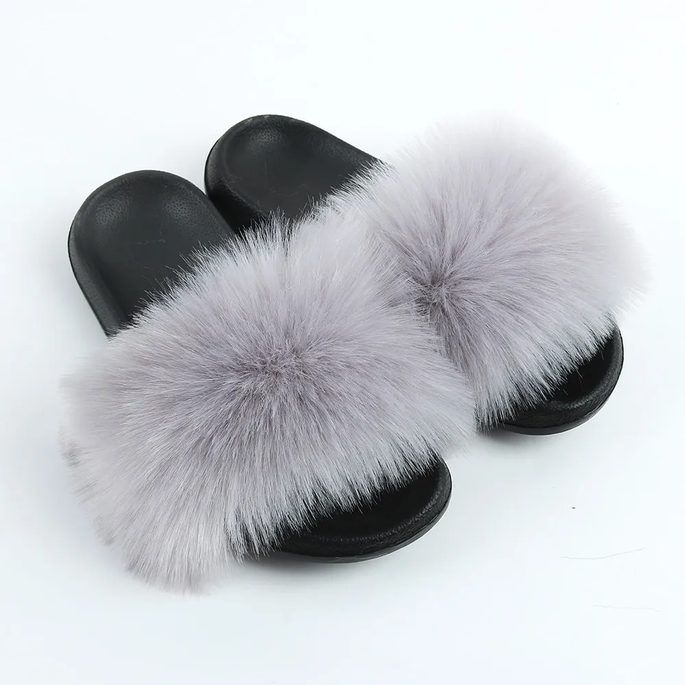 

Fashion baby brown fluffy furry raccoon fur slides women, Customized color