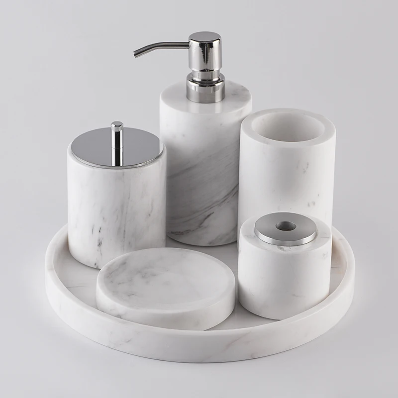 

Wholesale 6 pcs white Marble stone with silver metal Bathroom accessory round set