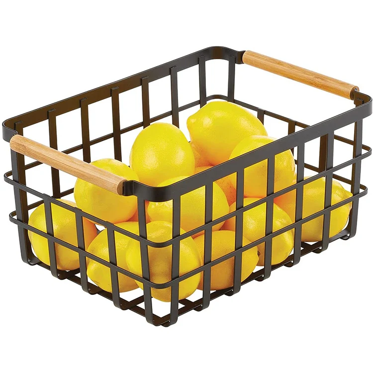

Decor Metal Wire Food Organizer Storage Bin Basket with bamboo handle for Kitchen iron basket fruit, Black