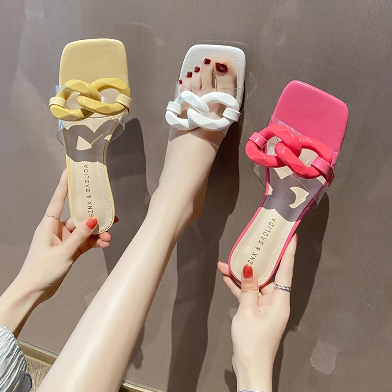 

ladies slippers and sandals Summer new simple square head metal chain fashion middle heel plus size dress women's slippers