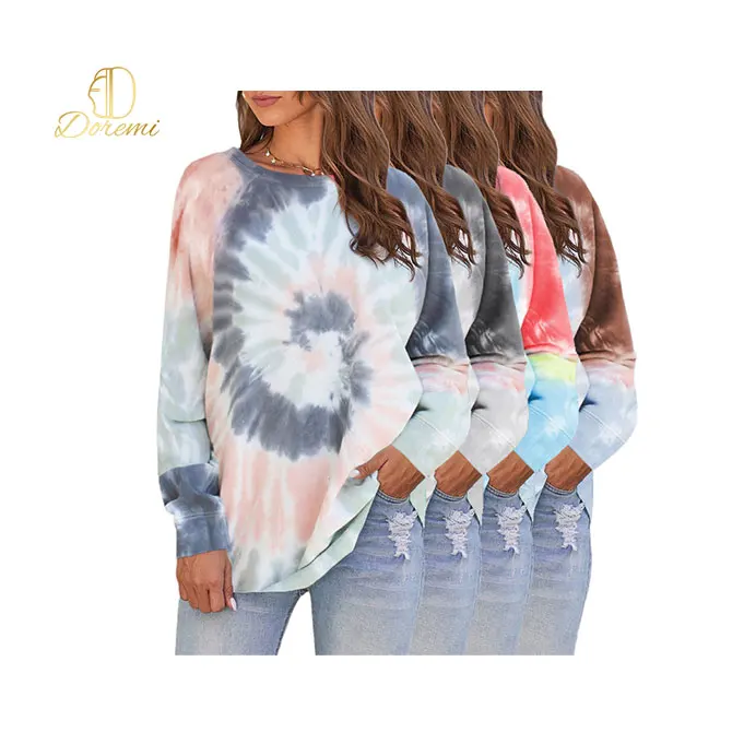 

High Quality Fall Loose Tie Dye Crew Neck Oversize Cropped Pullover Hoodies Women Sweatshirt, Customized color tie dye sweatshirt