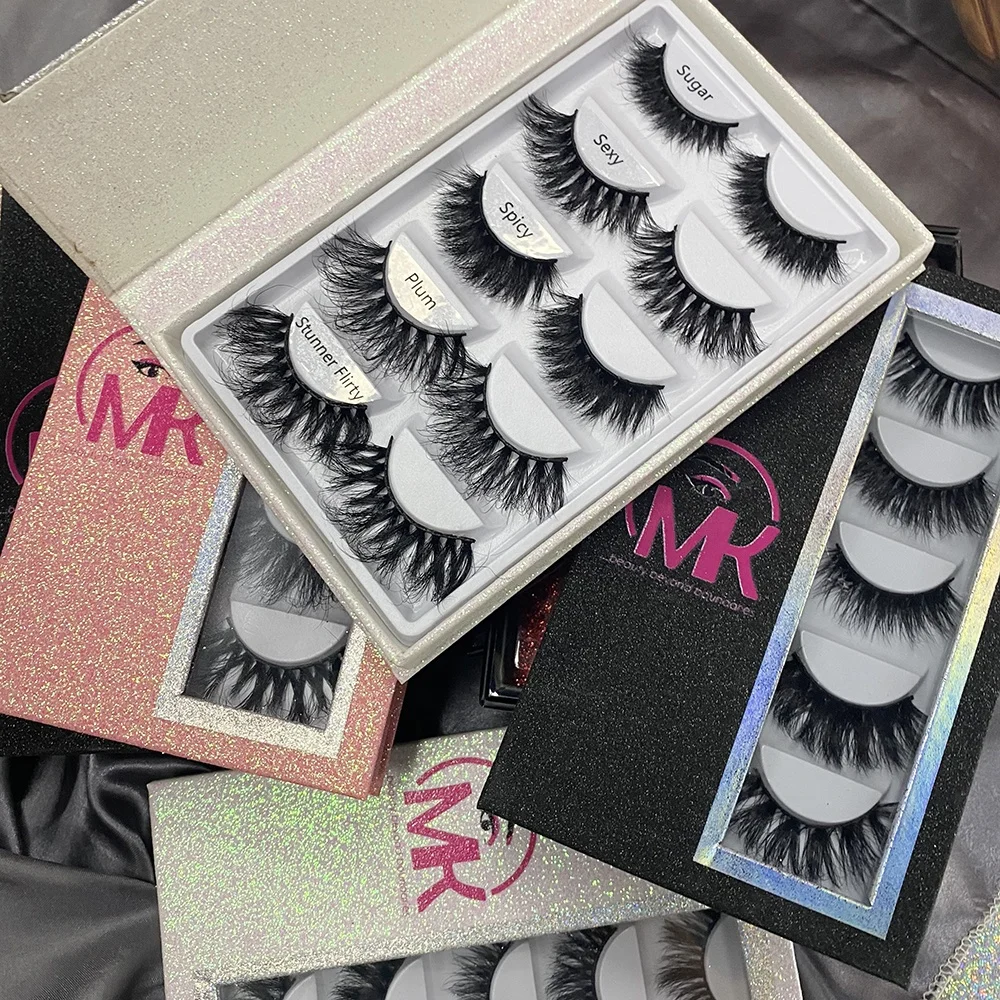 

Wholesale 4d mink eyelash set vendor custom pink lashbox trays private label false eyelashes 5 pairs fluffy lashes