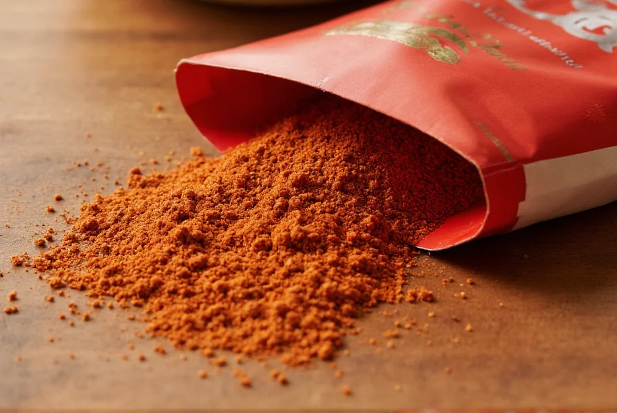 Close-up view of chili spice packet ingredients poured onto wooden table